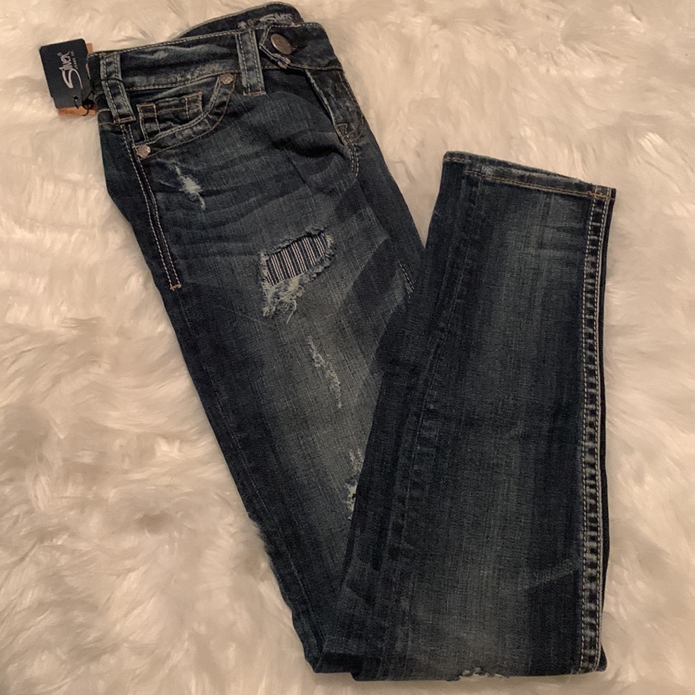 New Silver Jeans Tuesday  Low Super Skinny Dark Wash Distressed Jeans 24 x 31
